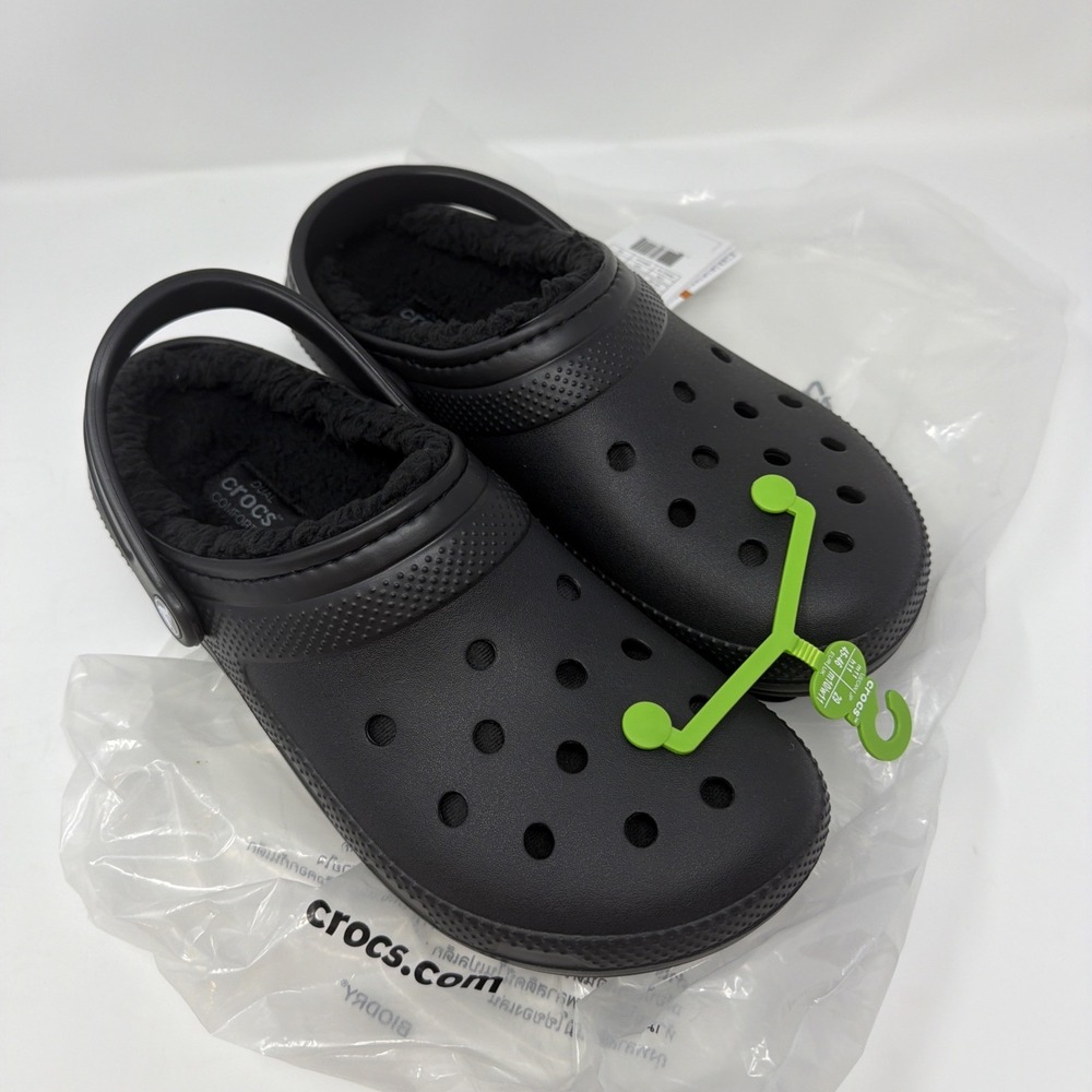 Crocs Dual Comfort Unisex Mens 11 Black On Black Faux Fur Classic Lined Clog